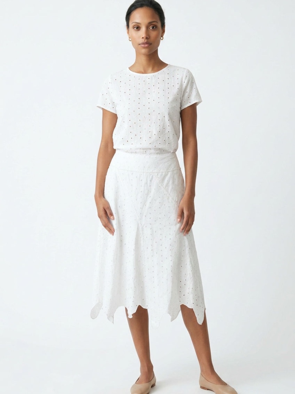 Eyelet Handkerchief-Hem Midi Skirt - White